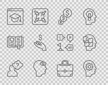 Set line Head with question mark, Human head gear inside, Financial growth an Stock-Illustration