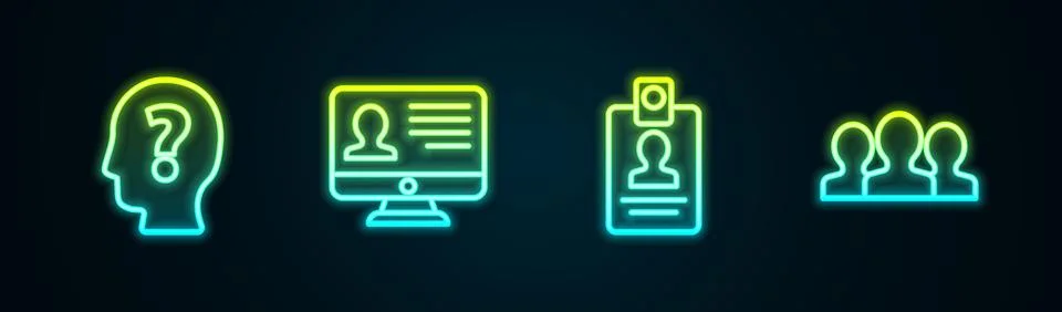 Set line Head with question mark, Monitor resume, Identification badge and Users Stock Illustration