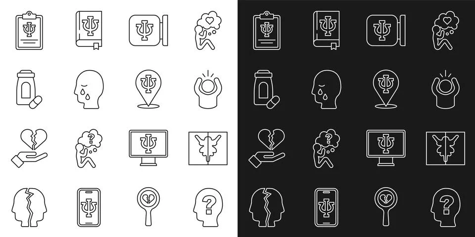 Set line Head with question mark, Rorschach test, Anger, Psychology, Psi, M.. Illustrazione stock