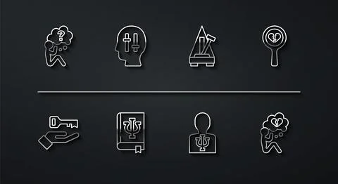 Set line Head with question mark, Solution to the problem, Broken heart or .. Stock Illustration