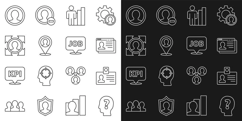 Set line Head with question mark, Identification badge, Resume, Productive .. Stock Illustration