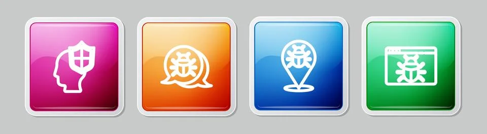 Set line Head with shield, System bug, and . Colorful square button. Vector Stock Illustration