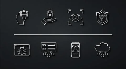Set line Head with shield, System bug, Shield WiFi wireless, Mobile and face Illustrazione stock