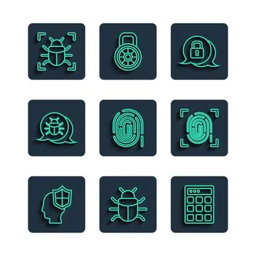 Set line Head with shield, System bug, Password protection, Cyber security Stock-Illustration