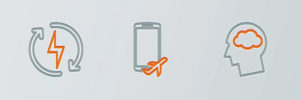 Set line Head silhouette with cloud, Recharging and Flight mode the mobile icon Stock Illustration