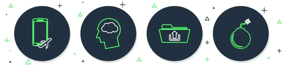 Set line Head silhouette with cloud, Folder upload, Flight mode in the mobi.. Stock Illustration