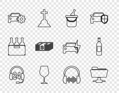 Set line Headphone for support, FTP folder, Bottle of wine in bucket, Wine gl イラスト素材