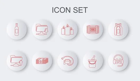 Set line Headphone for support, FTP folder upload, Burning candles, Bottle of Stock Illustration