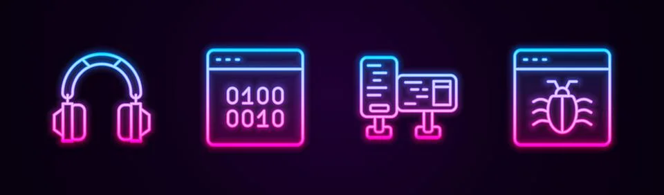 Set line Headphones, Binary code, Computer monitor screen and System bug 스톡 일러스트