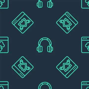 Set line Headphones, Browser with shield and Cloud technology data transfer o 스톡 일러스트