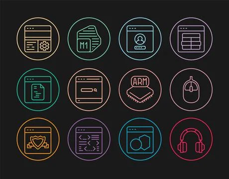 Set line Headphones, Computer mouse, Create account screen, Search engine Illustrazione stock