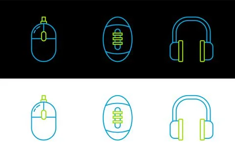 Set line Headphones, Computer mouse and American Football ball icon. Vector Stock Illustration