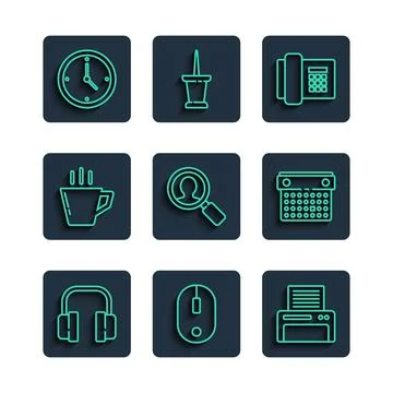 Set line Headphones, Computer mouse, Printer, Telephone, Magnifying glass f.. Stockillustratie
