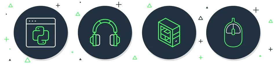 Set line Headphones, Computer, Python programming language and mouse icon Stock Illustration