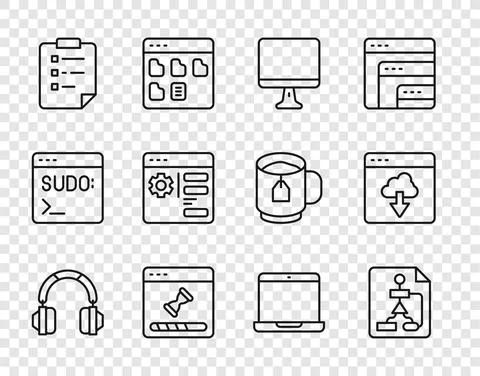 Set line Headphones, Flowchart, Computer monitor screen, Loading data window Illustrazione stock