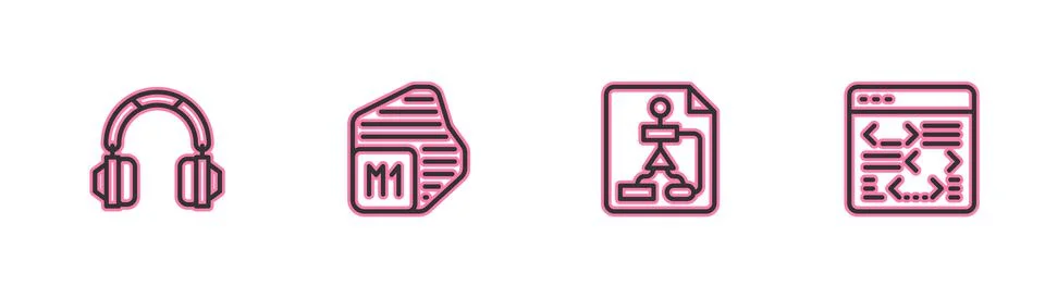 Set line Headphones, Flowchart, Processor and Software icon. Vector Illustrazione stock