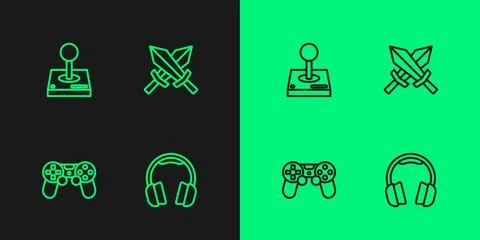 Set line Headphones, Game controller or joystick, Joystick for arcade machine Stock Illustration