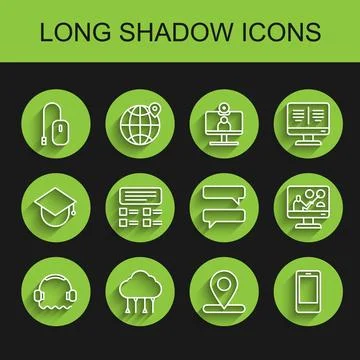 Set line Headphones, Network cloud connection, Computer mouse, Location, Mo.. Illustrazione stock