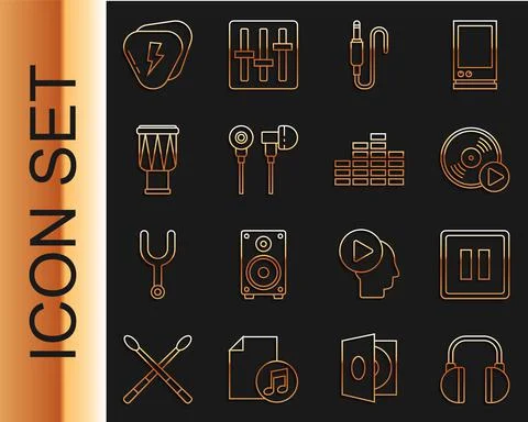 Set line Headphones, Pause button, Vinyl disk, Audio jack, Air headphones, Drum Stock Illustration