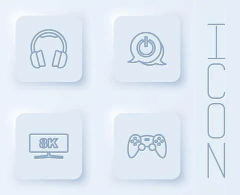 Set line Headphones, Power button, Computer monitor and Game controller joystick 스톡 일러스트