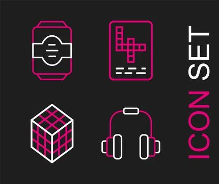 Set line Headphones, Rubik cube, Crossword and Energy drink icon. Vector Stock Illustration