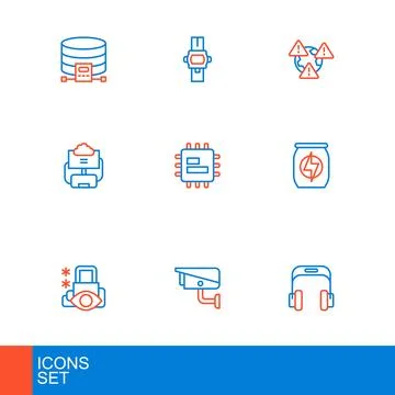 Set line Headphones Security camera Cyber security Energy drink Cloud databas Stock Illustration