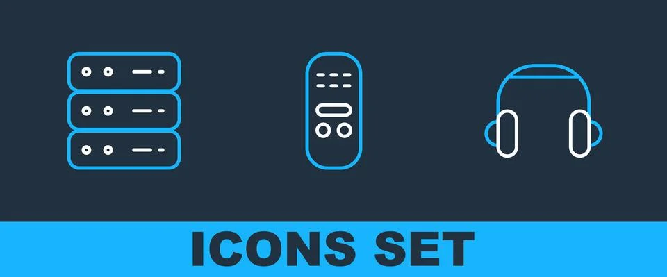 Set line Headphones, Server, Data, Web Hosting and Remote control icon. Vector Stock Illustration