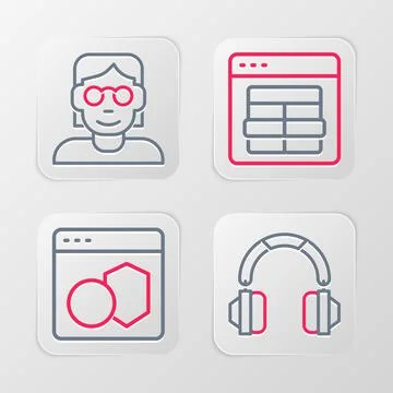 Set line Headphones, Software, MySQL code and Hacker or coder icon. Vector Stock Illustration