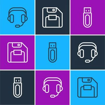 Set line Headphones, USB flash drive and Floppy disk icon. Vector Stock Illustration
