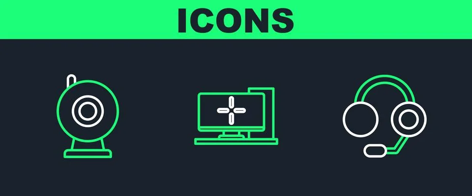 Set line Headphones, Web camera and Computer monitor icon. Vector Illustrazione stock
