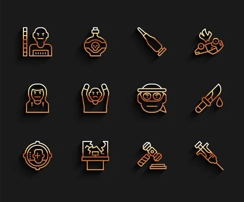 Set line Headshot, Broken window, Suspect criminal, Judge gavel, Syringe, Thief Stock Illustration