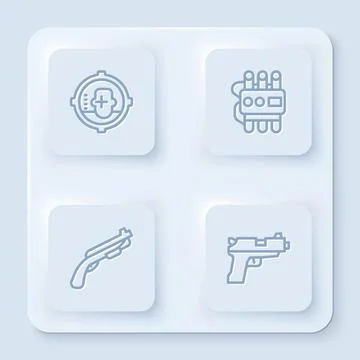 Set line Headshot, Dynamite and timer clock, Police shotgun and Pistol or. White Stock Illustration