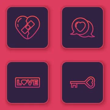 Set line Healed broken heart, Love text, Heart in speech bubble and Key shape イラスト素材