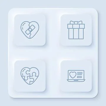 Set line Healed broken heart, Gift box, Heart and Dating app online. White Illustrazione stock