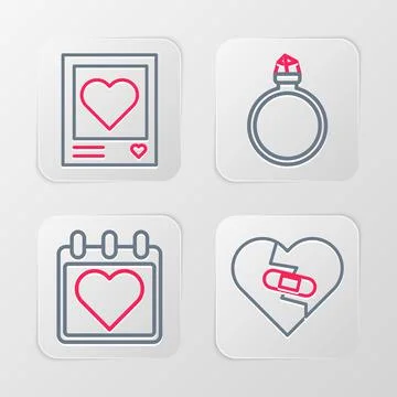 Set line Healed broken heart, Calendar with, Diamond engagement ring and Photo Stock Illustration