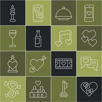Set line Healed broken heart, Heart in speech bubble, Covered with tray, Wine Ilustração Stock