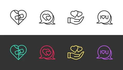 Set line Healed broken heart or divorce, Heart in speech bubble, hand and Speech Stock Illustration