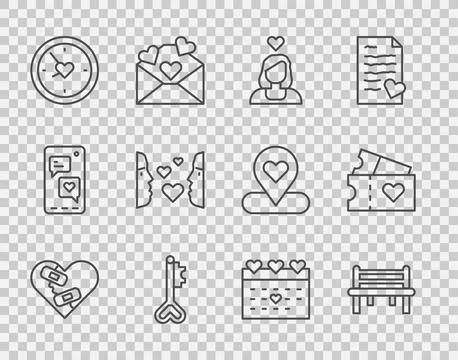 Set line Healed broken heart, Romantic bench, Couple in love, Key shape, Clock Stock Illustration