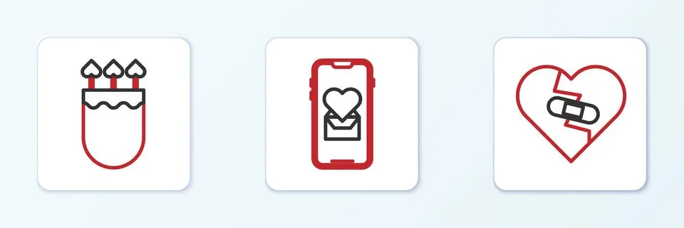 Set line Healed broken heart, Quiver and arrows with and Mobile icon. Vector Stock Illustration