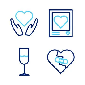 Set line Healed broken heart, Wine glass, Photo frames and hearts and Heart.. Stock Illustration