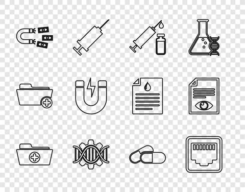 Set line Health record folder, Network port cable socket, Medical syringe and Stock Illustration