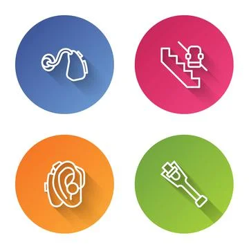 Set line Hearing aid, Disabled elevator, and Prosthesis leg. Color circle button Stock Illustration