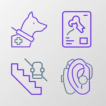 Set line Hearing aid, Disabled elevator, X-ray shots and Guide dog icon. Vect Illustrazione stock