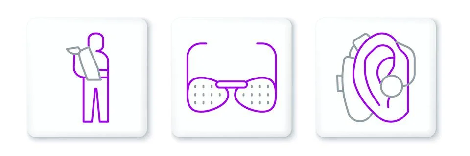 Set line Hearing aid, Human broken arm and Blind glasses icon. Vector Stock Illustration