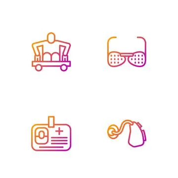 Set line Hearing aid, Identification badge, Man without legs sitting wheelchair Stock Illustration