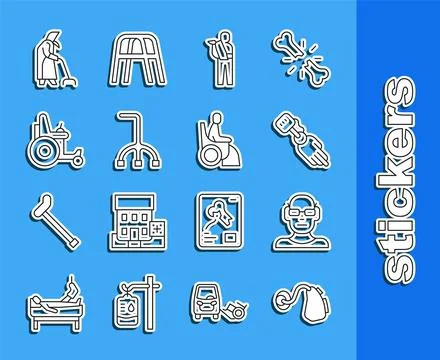 Set line Hearing aid, Poor eyesight, Prosthesis hand, Human broken arm, Wal.. Ilustración de archivo