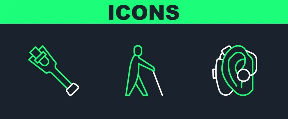 Set line Hearing aid, Prosthesis leg and Blind human holding stick icon. Vect Stock Illustration