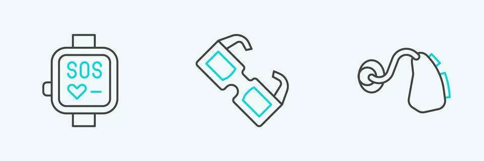 Set line Hearing aid, Smart watch and Eyeglasses icon. Vector Stock Illustration