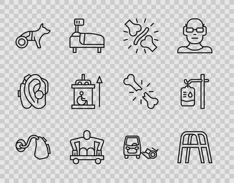 Set line Hearing aid, Walker, Joint pain, knee pain, Man without legs sitti.. Stock Illustration