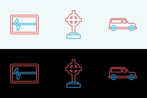 Set line Hearse car, Beat dead in monitor and Grave with cross icon. Vector Stock Illustration